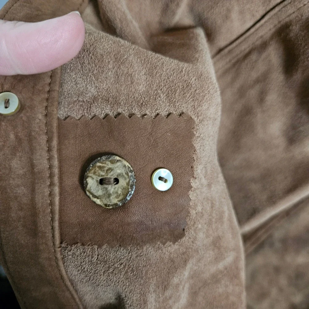 Orvis Mens Brown 100% Leather Suede Button Down Shirt Jacket Large Ecuador